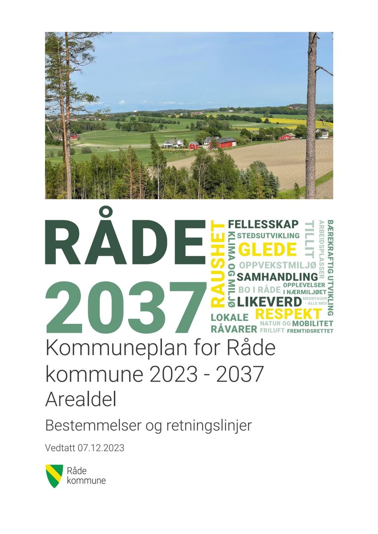 Fotografi av et landskap med en bygd i bakgrunnen, som er brukt som illustrasjon på forsiden av en kommuneplan.