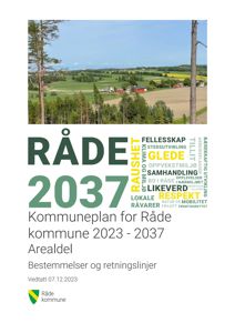 Fotografi av et landskap med en bygd i bakgrunnen, som er brukt som illustrasjon på forsiden av en kommuneplan.