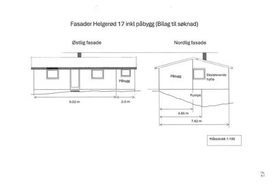 Fasadetegning for Helgerød 17 som viser østlig og nordlig fasade med mål og påbygg.