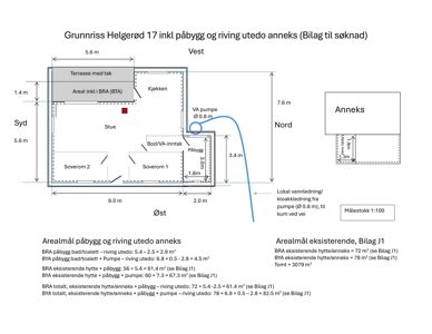 Grunnriisskisse (etasjeplan) for en bygning med angitte rom, mål og orientering.