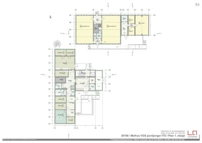 Etasjeplan (1. etasje) for Melhus VGS paviljonger, som viser romfordeling og funksjoner.