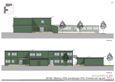Fasadeopprikk (elevation) som viser bygningens utseende fra sør og øst, inkludert vinduer, dører, trapper og dimensjoner.