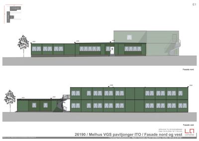 Fasadetegning som viser bygningens utsyn mot nord og vest, inkludert vinduer, dører, trapp og fasadematerialer.