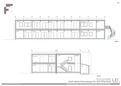 Snittegning (Snitt A og Snitt B) som viser bygningens indre oppbygning, etasjer, romfordeling og trapp.