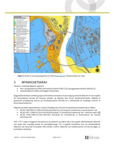 Et utsnitt fra et kvartærgeologisk kart som viser et tilsiktsområde (rødt) med overlappende kartlag for geologi og bygningsareal.