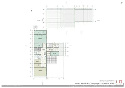 Plantegning av 2. etasje i Melhus VGS paviljonger, som viser romfordeling og veggposisjon.