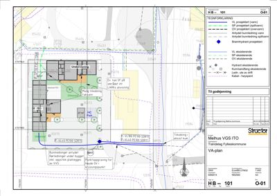 Situasjonsplan (VA-plan) som viser bygningers plassering, vann- og avløpsledninger, og tilkoblinger til eksisterende infrastruktur.