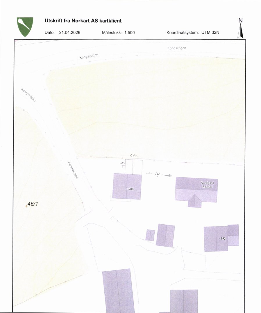 Situasjonsplan (Norkart) som viser tomtens beliggenhet i forhold til nabolag, veier (Kongsvegen) og høydemål.