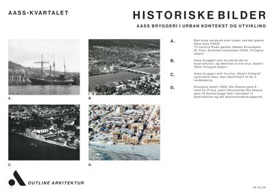 En side med historiske fotografier av Aass-bryggeri og omgivelsene i Drammen.