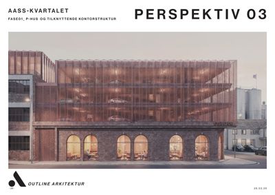 3D-visualisering av en planlagt bygning med en moderne fasade og et parkeringshus.