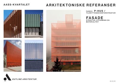 En samling fotografier av arkitektoniske fasader og bygninger, inkludert en stor rendering eller foto av et moderne bygg med oransje fargelegging.
