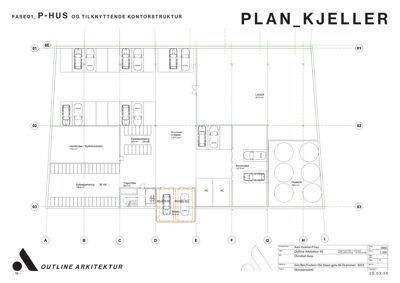 Etasjeplan for kjelleretasje (PLAN_KJELLER) som viser romfordeling, parkeringsplasser og arealoppdelinger.