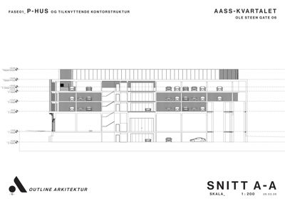 Snittegning (Snitt A-A) som viser tverrsnittet av en bygning med parkeringshus og kontorer, inkludert etasjer og høyder.