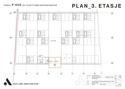 Etasjeplan for 3. etasje av et parkeringshus (P-hus) med plassering av bilplasser, heis og trapp.