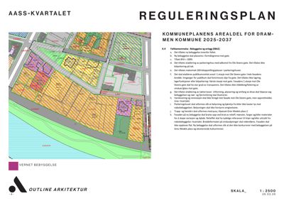 Situasjonsplan eller arealdel fra en reguleringsplan som viser bebyggelsesfelter, vegnett og tomtegrenser.
