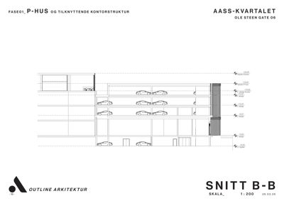 Snittegning (SNITT B-B) av en bygning som viser etasjer, høyder og parkeringsplasser.