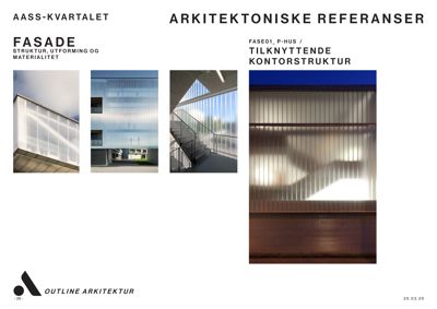 En samling fotografier av arkitektoniske referansesaker, inkludert fasader og inngangspartier.