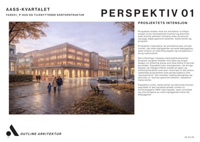 3D-visualisering av et planlagt bygg i et kvartal.