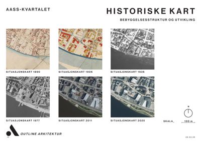 En samling historiske situasjonskart og flyfotografier som viser utviklingen av et område over tid.