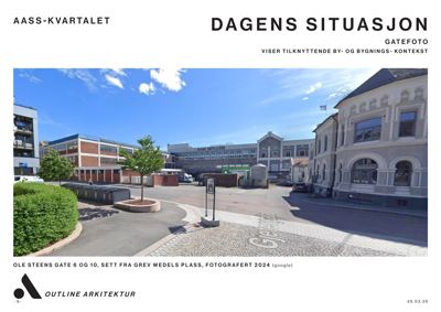 Gatefotografi av Aass Bryggeri og nabolag, tatt fra Grev Wedels plass.