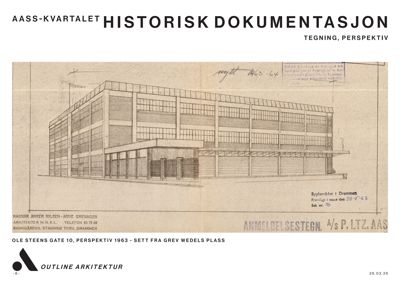 En håndtegnet perspektivtegning (anmeldelsestegning) av en bygning, datert 1963.