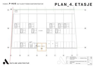 Etasjeplan for 4. etasje som viser parkeringsplasser, heis og trapp.