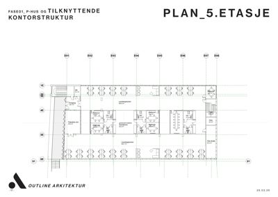 Etasjeplan for 5. etasje (PLAN_5.ETASJE) som viser romfordeling, møblering og areal i et kontorbygg.