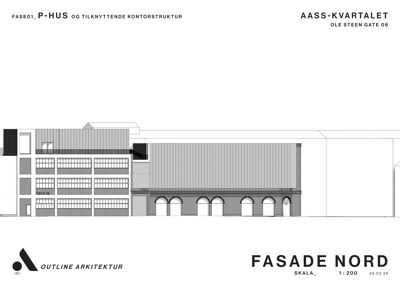 Fasadetegning av en bygning sett fra nord, med detaljer om materialer og arkitektoniske elementer.
