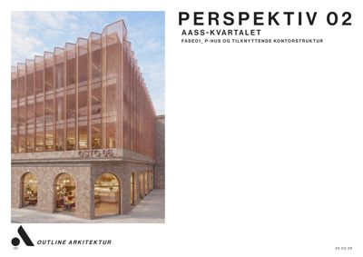 3D-visualisering av en planlagt bygning med en moderne fasade i rødt metallgitter over en mursteinfasade.