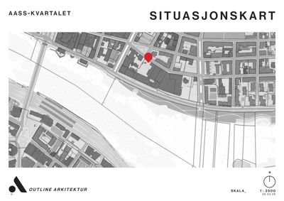 Situasjonskart som viser bygningenes plassering i forhold til gater og omgivende infrastruktur.