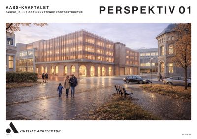 3D-visualisering av et planlagt bygg i kveldssol, med omgivende miljø og personer.