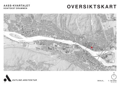 Oversiktskart over Drammen med bygningsplassering og topografi