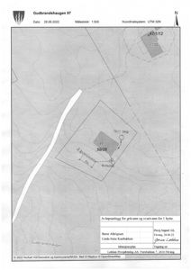 Situasjonsplan som viser tomtens beliggenhet, bygningens plassering (Gudbrandshaugen 97), avløpsanlegg (tett tank, biofilter) og nabolag.