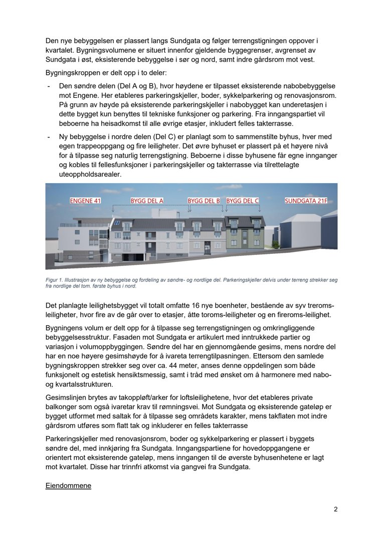 3D-visualisering (rendering) av en ny bebyggelse med etiketter for ulike deler (Engene 41, Bygg Del A, B, C, Sundgata 21F).