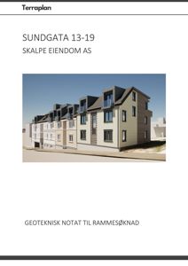 Fotografi av en planlagt bygning (rekkehus) med tekst om adresse og geoteknisk notat.