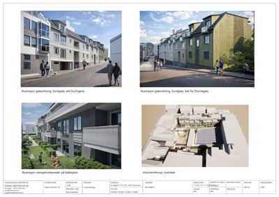 En samling av fire 3D-visualiseringer (renderinger) som viser ulike vinkler og detaljer av et planlagt boligprosjekt, inkludert gatevirkning, uteområder og volumetriske relasjoner.