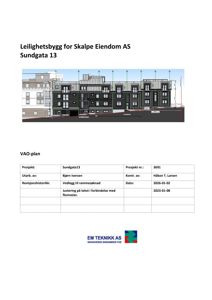 Fasadetegning (VAO-plan) av et leilighetsbygg med detaljer om fasadebehandling og vinduer.