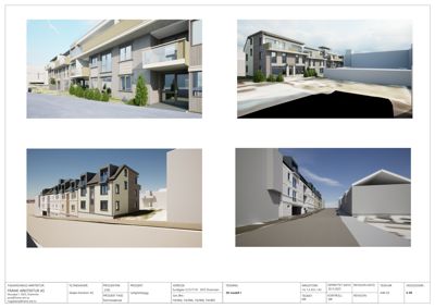 Bildet viser fire 3D-visualiseringer (renderinger) av et planlagt boligprosjekt. Det er en kombinasjon av fasade- og situasjonsvisninger.
