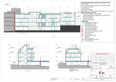 En brann teknisk snittegning som viser bygningens tverrsnitt, inkludert konstruksjoner, brannskille og utstyr.