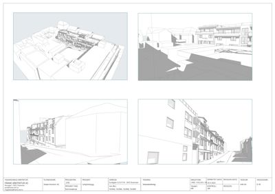 En samling av fire 3D-visualiseringer (renderinger) som viser bygningens fasade, volum og romfordeling fra ulike vinkler.