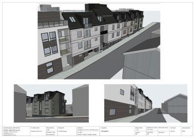 3D-visualiseringer (renderinger) av en planlagt leilighetsbebyggelse sett fra ulike vinkler.
