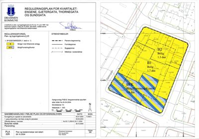 Reguleringsplan for kvartalet Engene, Gjetergata, Thornegata og Sundgata i Drammen kommune, som viser tomtedeling, arealbruk og byggegrenser.