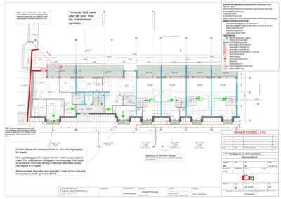 En brannetegning (plan) som viser romfordeling, dimensjoner og brannklassifisering for 3. etasje i Rammeveien 305.