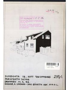 Fasadetegning (perspektivskisse) av en bygning med bilparkering foran.