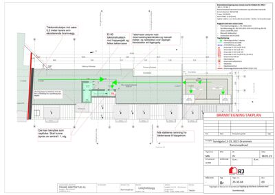 En detaljert branntegning (takplan) som viser spesifikke krav til takkonstruksjon, brannvegger og utrymningsveier.
