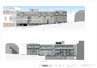 Bildet viser to fasadetegninger (opprikk) av en fleretasjes bygning. Den øverste delen viser fasaden sett fra fronten, mens den nedre delen viser fasaden sett fra siden (fra 'Inngang C'). Tegningene inkluderer detaljer om vinduer, materialer, høyder og innganger.