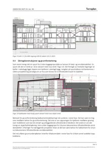 Bildet viser en tegning av kjellerplanen (Figur 10) med angitte rom, vegger og en rosa stiplet strek som markerer en mulig spunt. Det er også en snittegning (Figur 9) ovenfor som viser bygningens tverrsnitt.