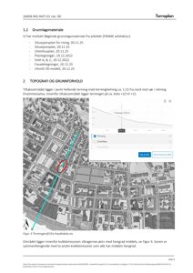 Et flyfoto eller kartutsnitt som viser et område med bygninger, veier og en markert rute (cyan) med en profilgrafikk for terrengoverflaten.