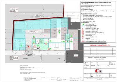 En brannbeskyttelsesplan (branntegning) for kjelleretasje i et leilighetsbygg, som viser romfordeling, brannvegger, brannskille og utstyringskrav.