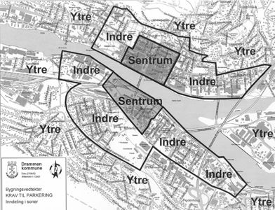 Kart over Drammen kommune som viser soner for parkeringskrav (Indre, Sentrum, Ytre).